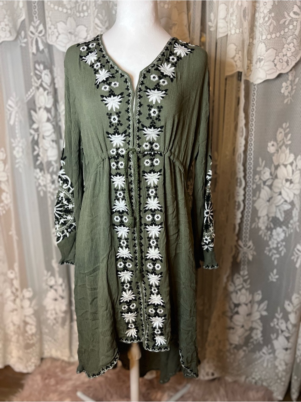 Olive Embroidered Long Sleeve Boho Dress 2X